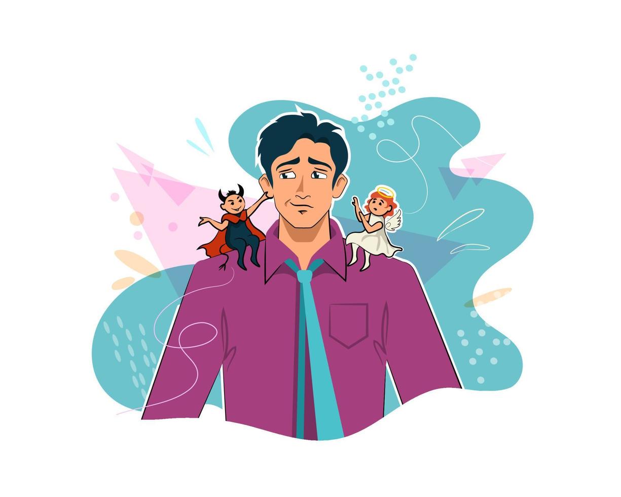Doubtful young man, making decision between angel and demon. Portrait. Latin American businessman character, disheveled, in shirt and tie, confused, choosing. Stylish anime cartoon illustration vector