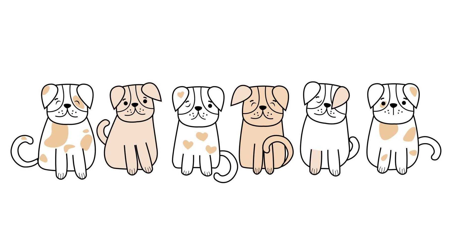 Collection of funny dogs in cartoon style with different color. Cute pet in daily routine, isolated on white background. Vector illustration