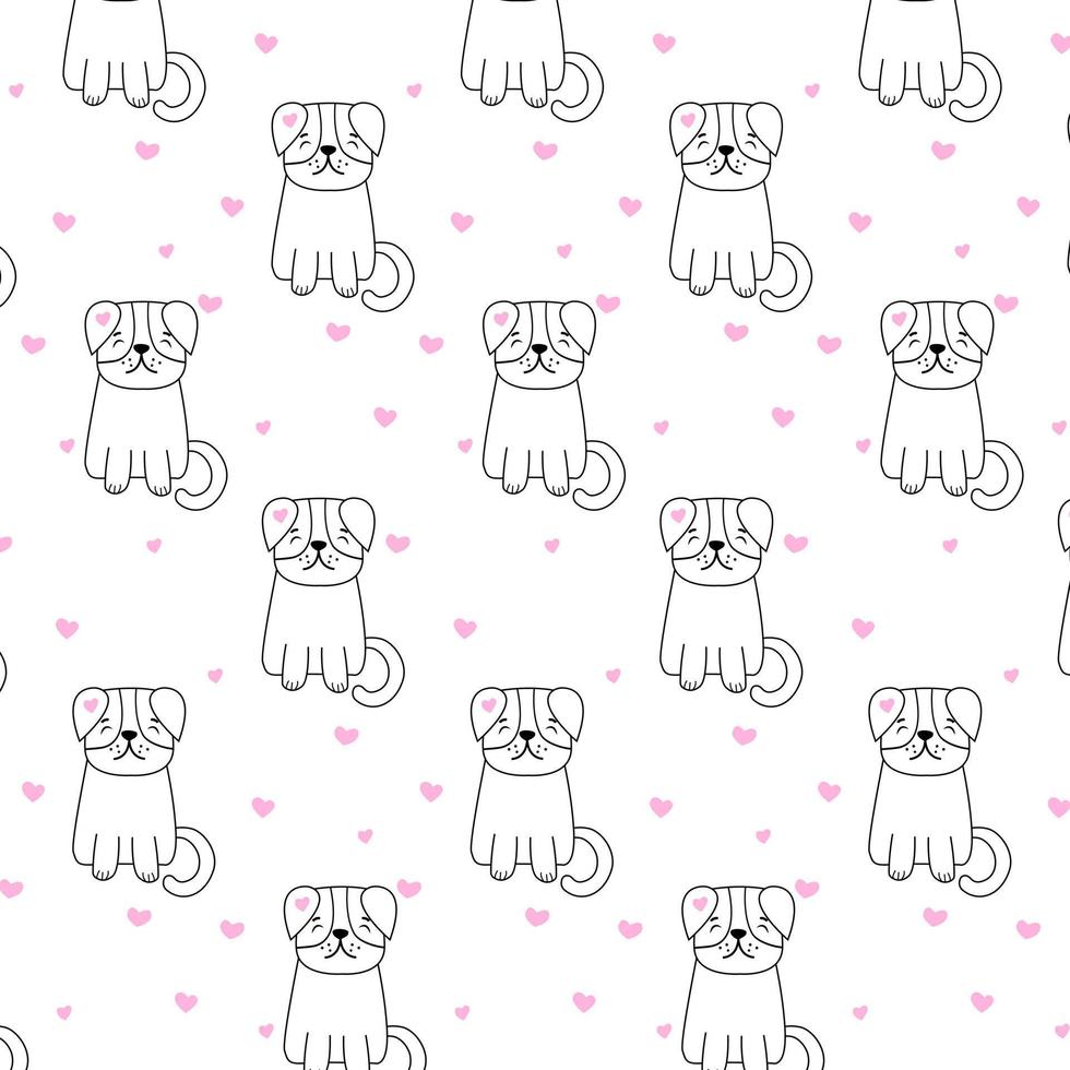 Hand Drawn Dog Seamless Patern.Collection of funny dog with pink hearts in cartoon style. Cute pet in daily routine, isolated on white background. Vector illustration