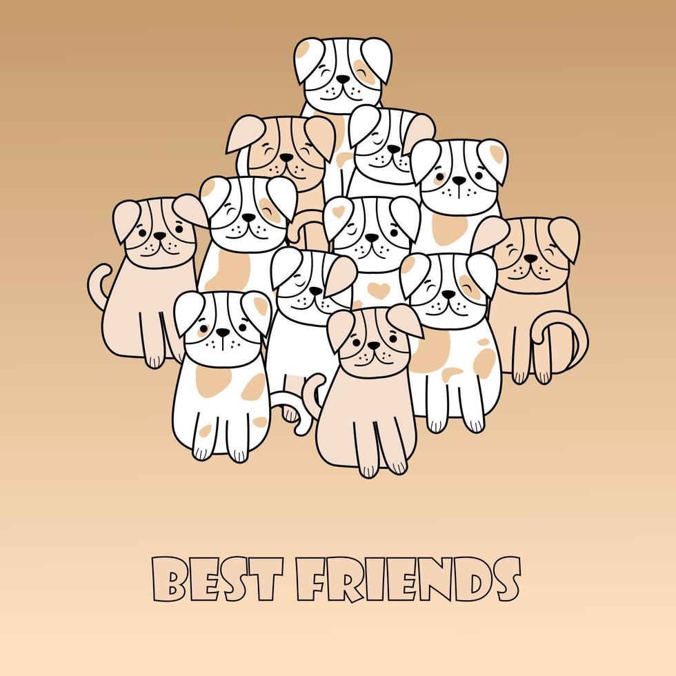 Hand Drawn Doodles Pets Card. Text Best friends. Collection of funny dogs in cartoon style with different color. For design logo, visit card, etc. Vector illustration