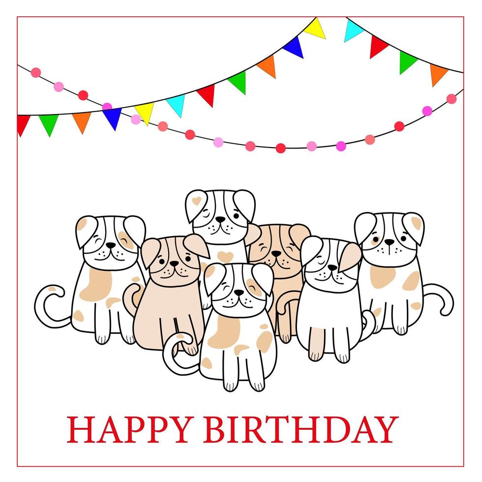 Hand Drawn Doodles Pets Card. Text Happy Birthday. Collection of funny dogs in cartoon style with different color. For design logo, visit card, etc. Vector illustration