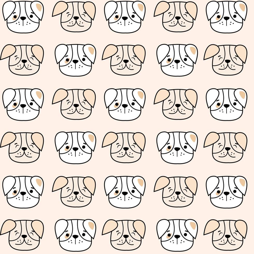 Cute dogs doodle seamless patern. Collection of dog faces. Hand drawn isolated vector illustration in doodle style.Vector illustration