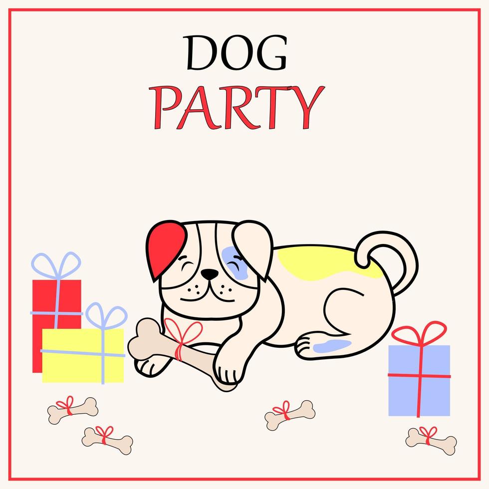 Hand Drawn Doodles Pets Card. Text Dog Party. Collection of funny dogs in cartoon style with different color. For design logo, visit card, etc. Vector illustration