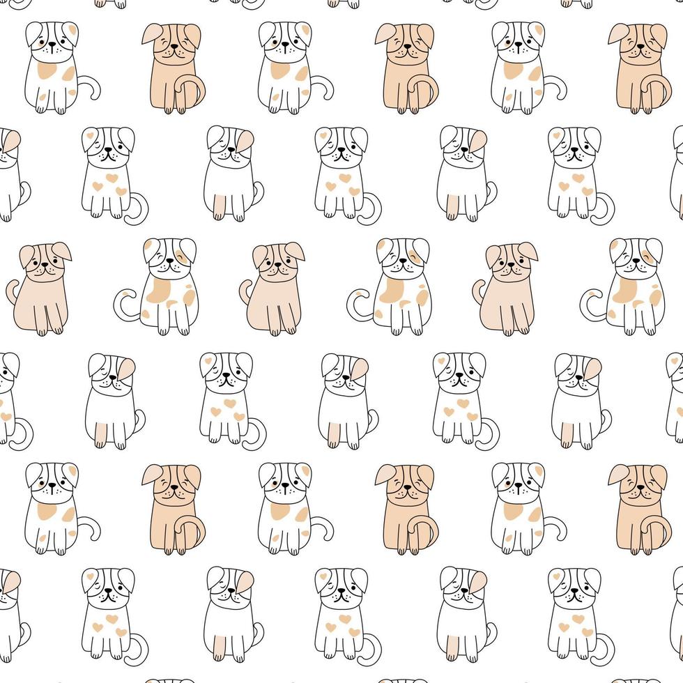 Hand Drawn Doodles Pets Seamless Patern.Collection of funny dogs in cartoon style with different color. Cute pet in daily routine, isolated on white background. Vector illustration