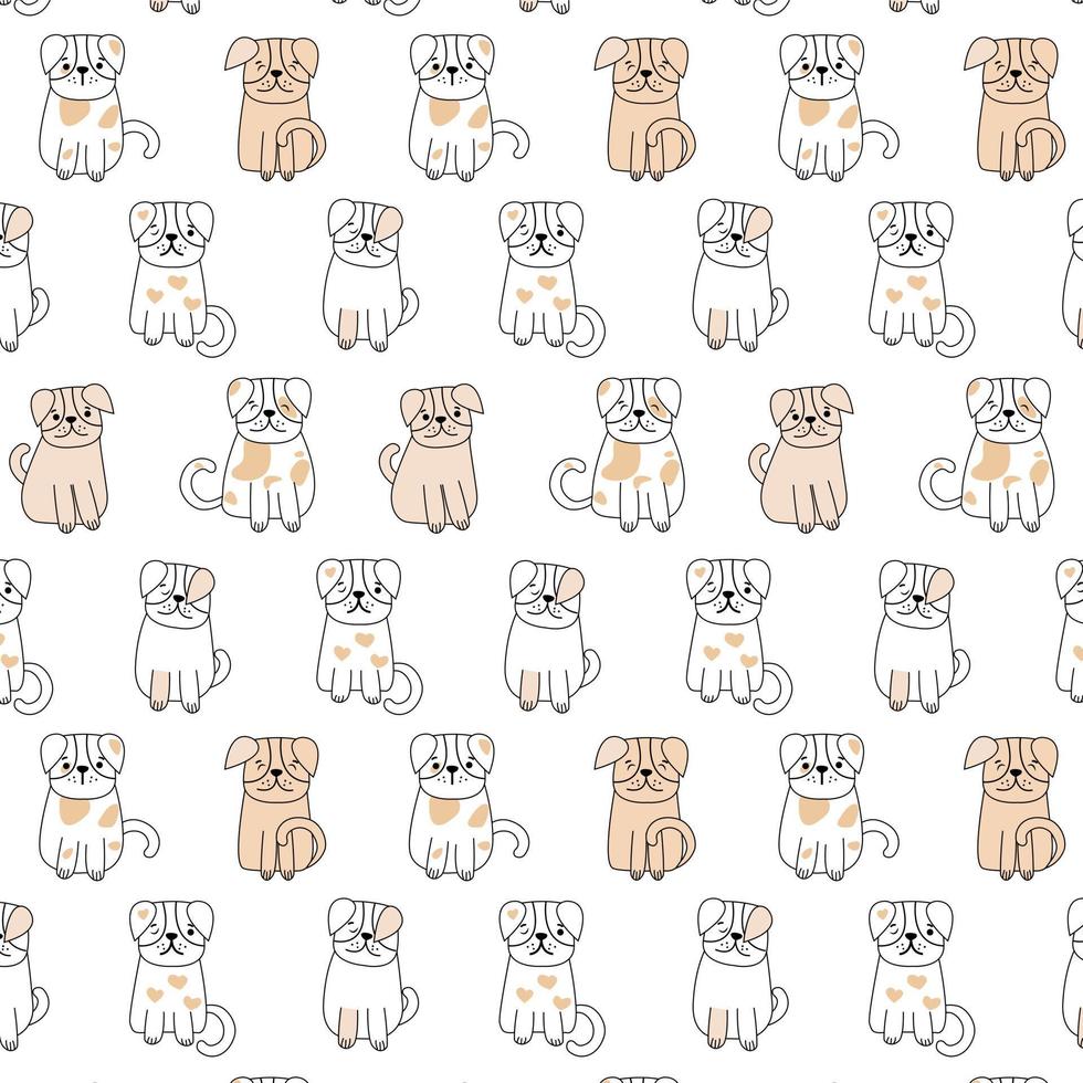 mano dibujado garabatos mascotas sin costura patern.colección de gracioso perros en dibujos animados estilo con diferente color. linda mascota en diario rutina, aislado en blanco antecedentes. vector ilustración