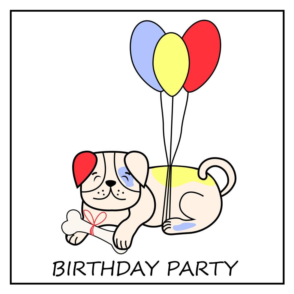 Hand Drawn Dog Card. Text Birthday Party. Funny dog in cartoon style with different color  balloon. For design logo, visit card, etc. Vector illustration