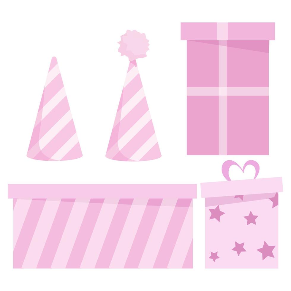 Set of pink birthday boxes and hat vector