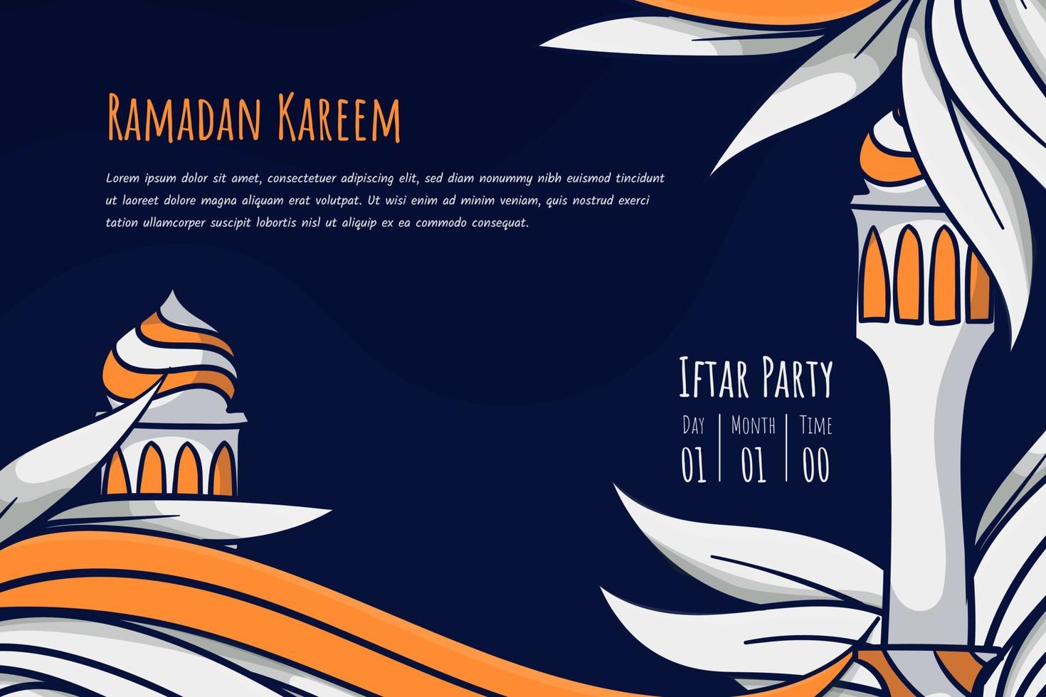 Islamic cartoon background design with mosque in a night mood for ramadan kareem template vector