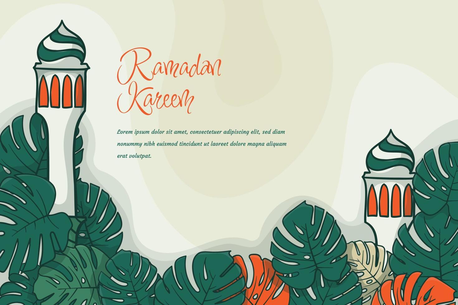 Mosque minaret background with monserat leaf design for ramadan kareem template vector