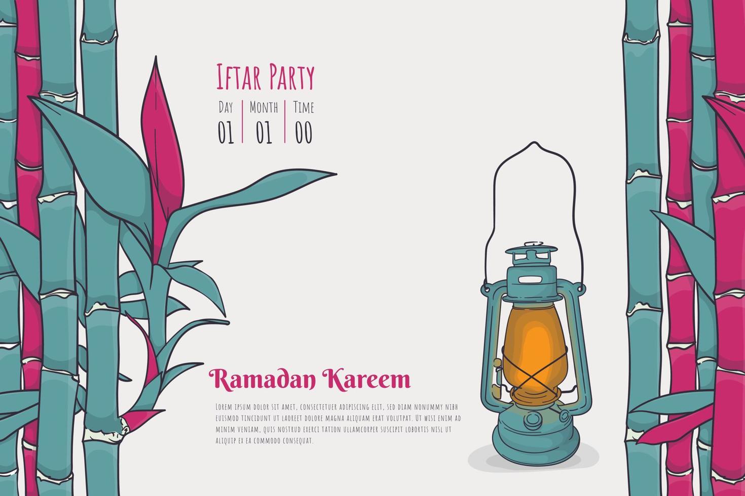 Ramadan kareem template design with lantern and bamboo background in cartoon design vector