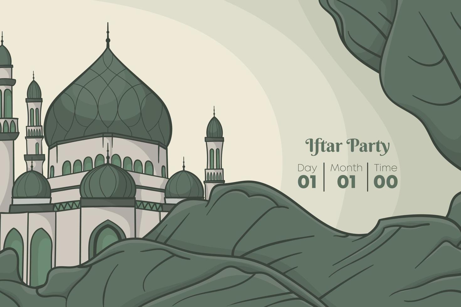 Green background with mosque in hand drawn design for ramadan kareem template vector