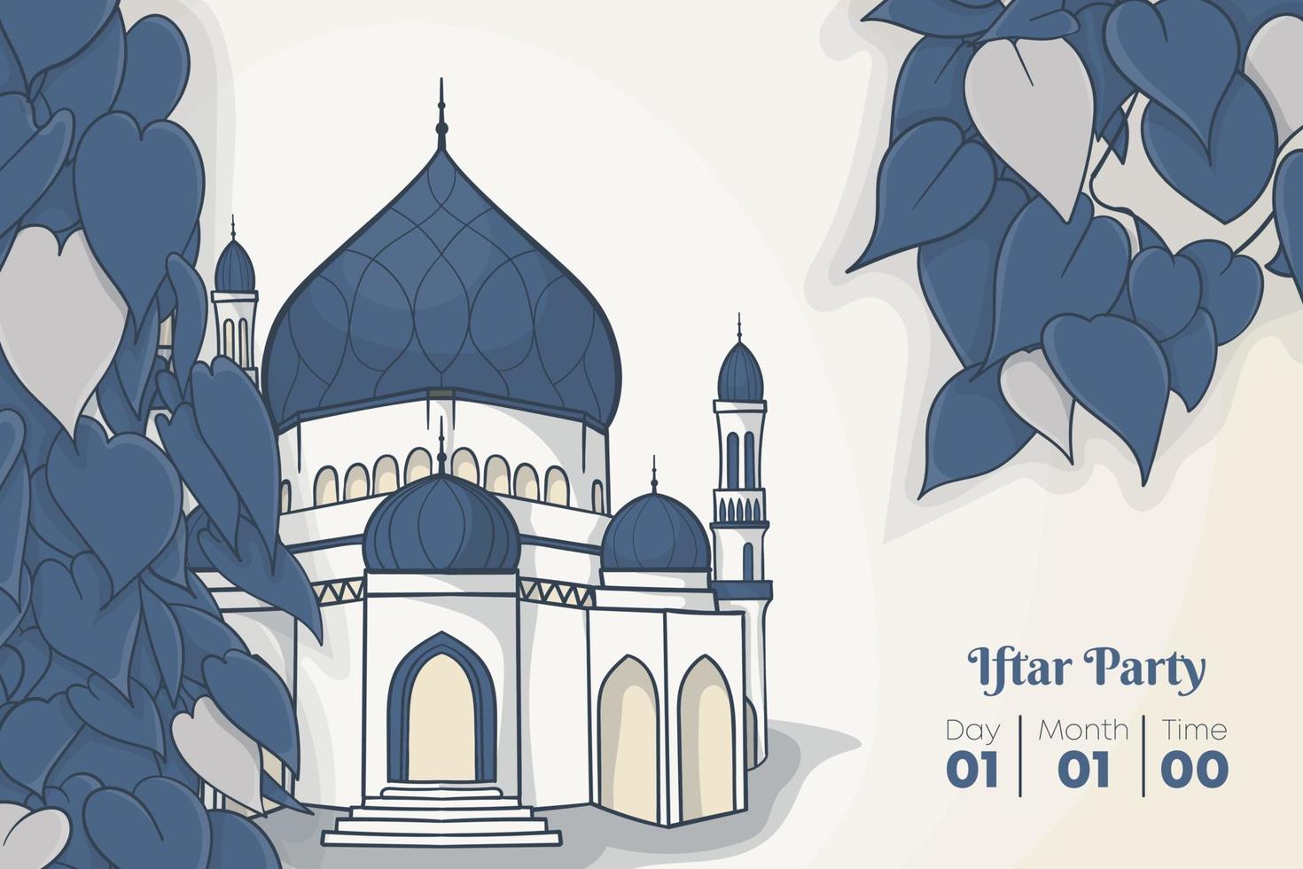 islámico antecedentes con mezquita detrás el azul hojas en mano dibujado diseño para Ramadán modelo vector