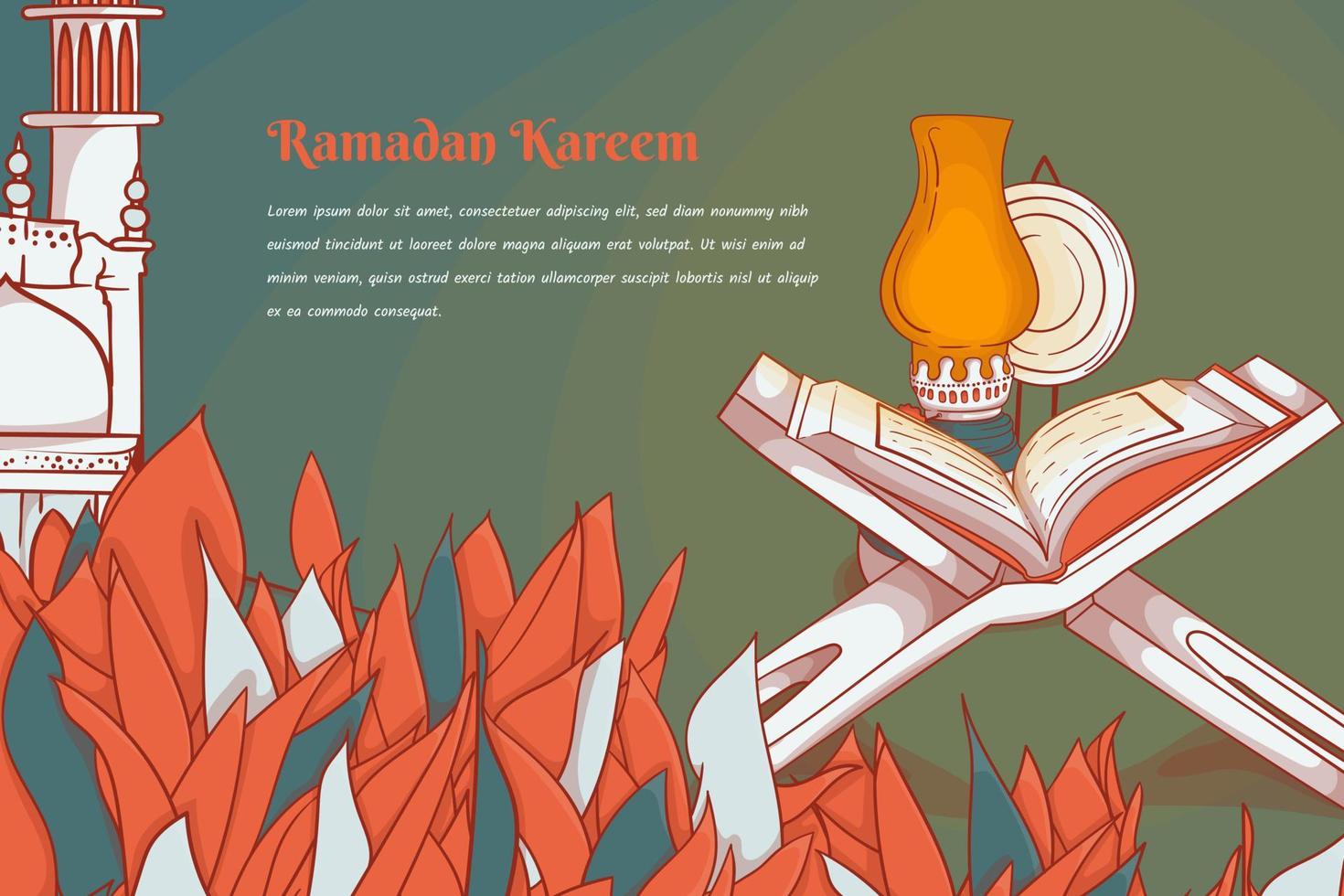 Qur'an with prayer beads and lantern behind the leaves background for ramadan kareem template design vector