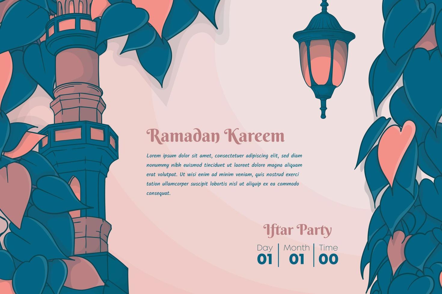 mezquita alminar con linterna en hojas antecedentes para Ramadán kareem modelo diseño vector