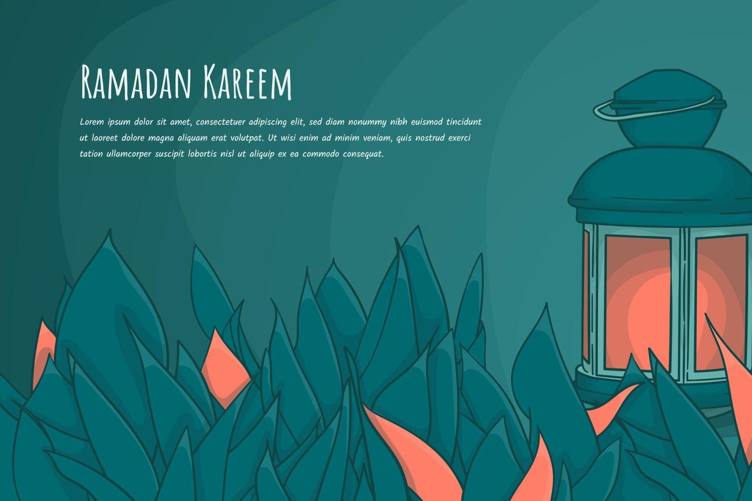 Lantern in green background with leaves in hand drawn design for ramadan kareem template vector
