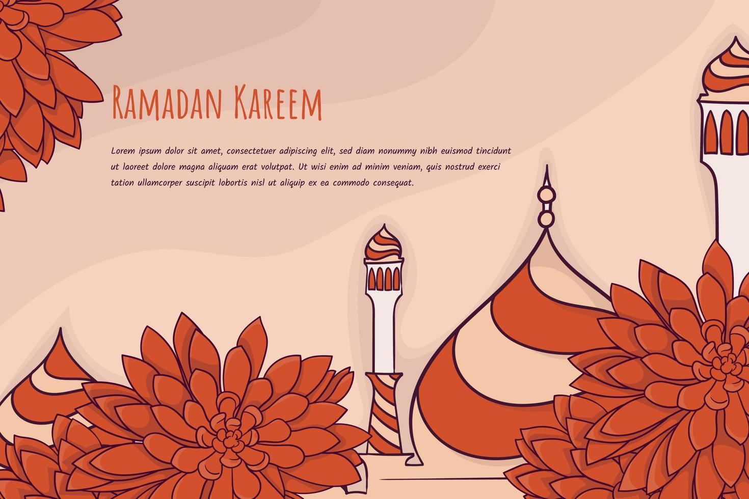 Islamic orange background design with hand drawn of mosque and floral background design vector