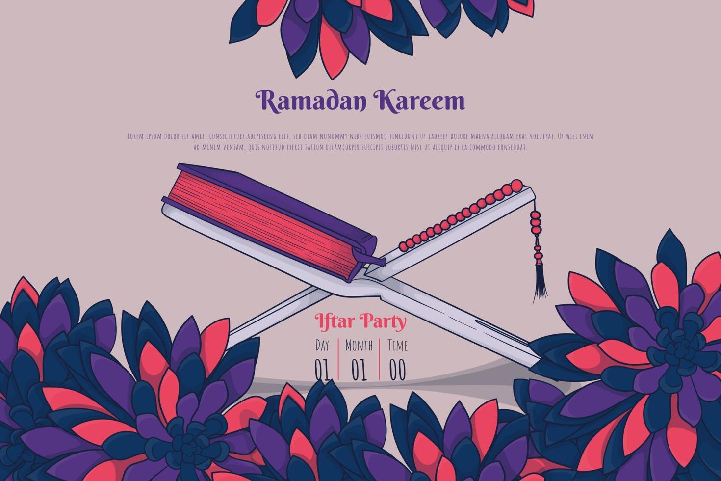 Ramadan kareem with qur'an and floral background in hand drawn cartoon design vector