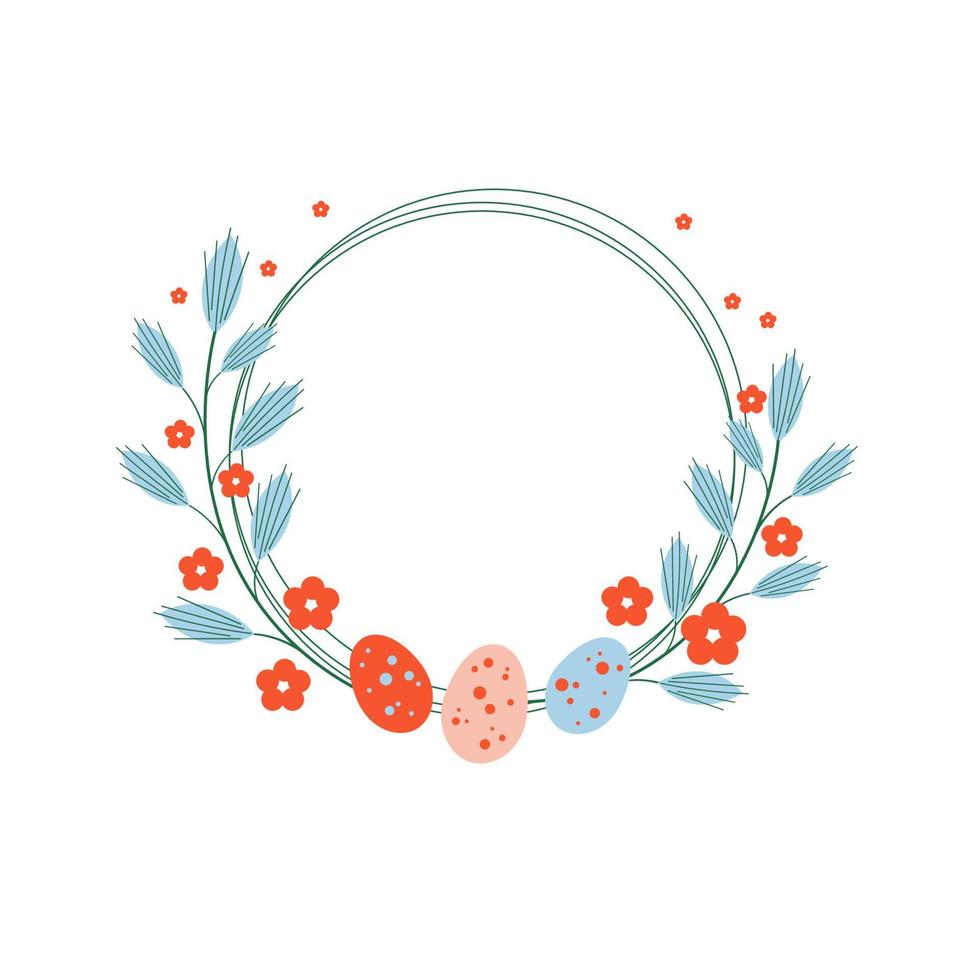wreath for the inscription with easter eggs on an isolated background. Composition with painted eggs, branches and flowers vector