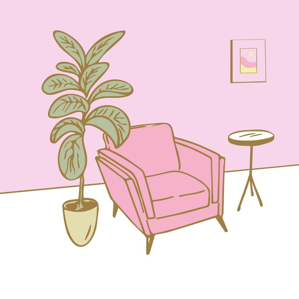 Pink interior. Armchair, indoor plant, poster on the wall. Vector graphics