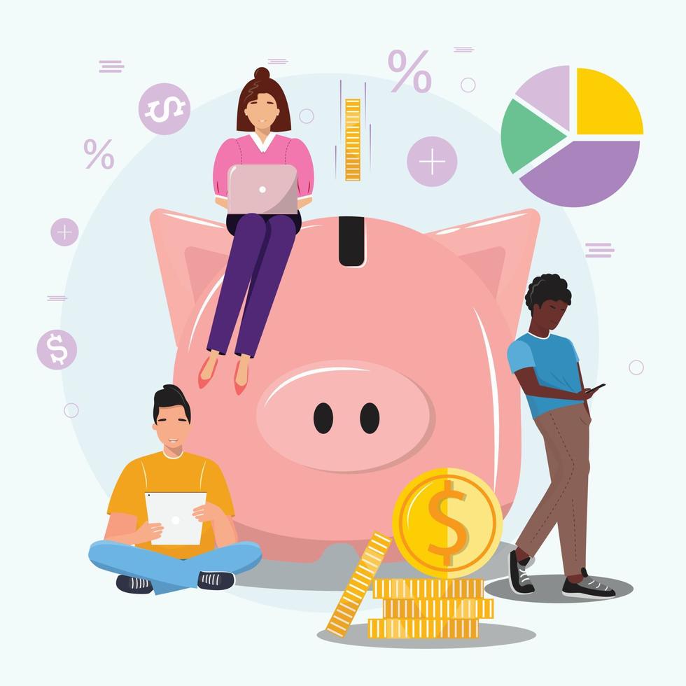 People around a big piggy bank. Saving money, finance, investing concept illustration. vector