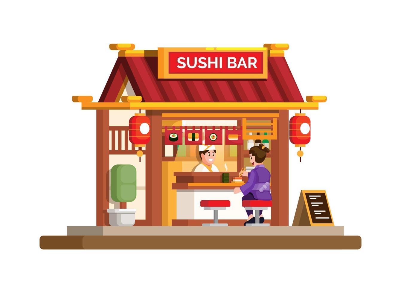 Sushi bar japonés tradicional restaurante asiático comida símbolo edificio plano dibujos animados ilustración vector