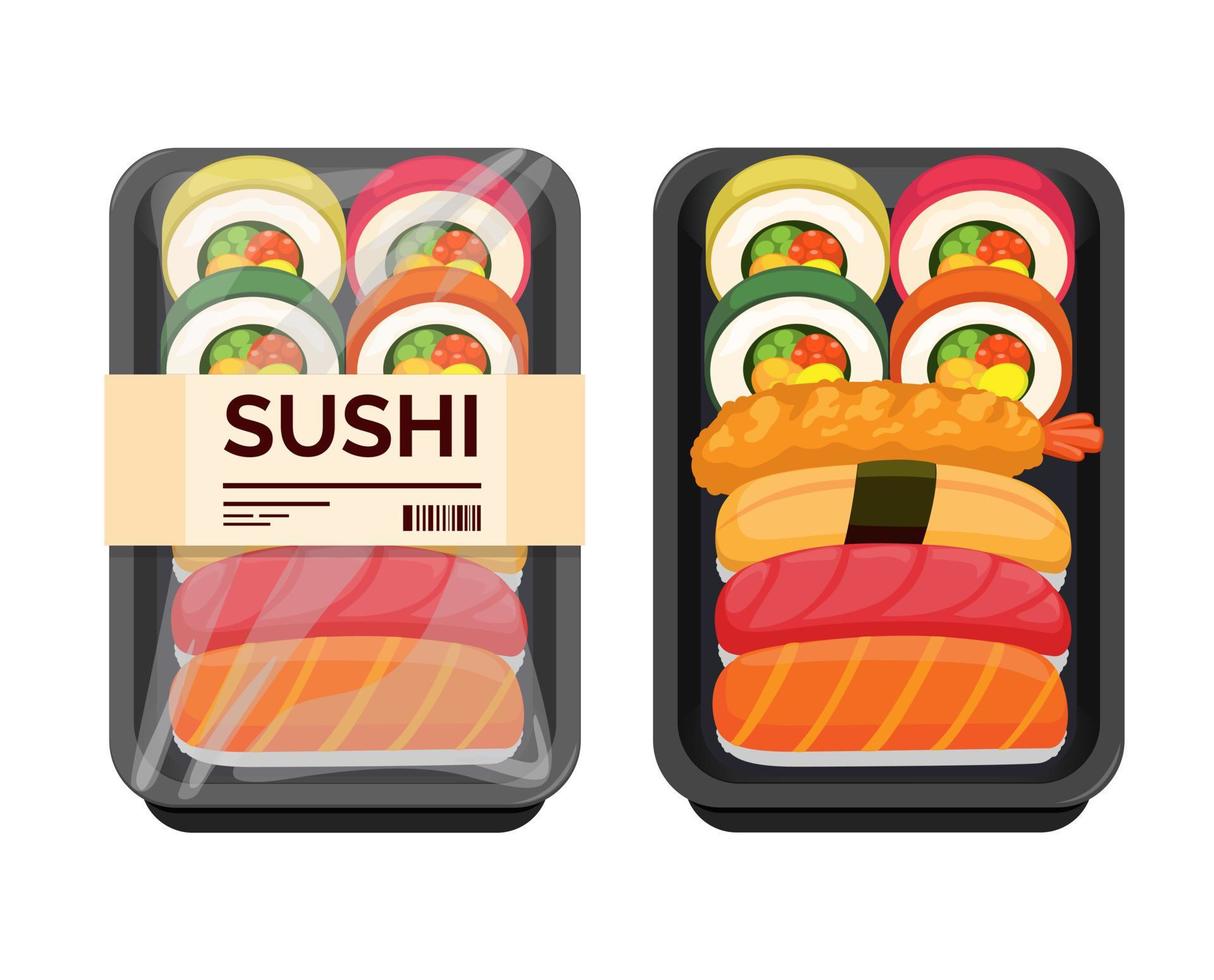 Sushi bento japonés comida conjunto arroz caja embalaje dibujos animados ilustración vector