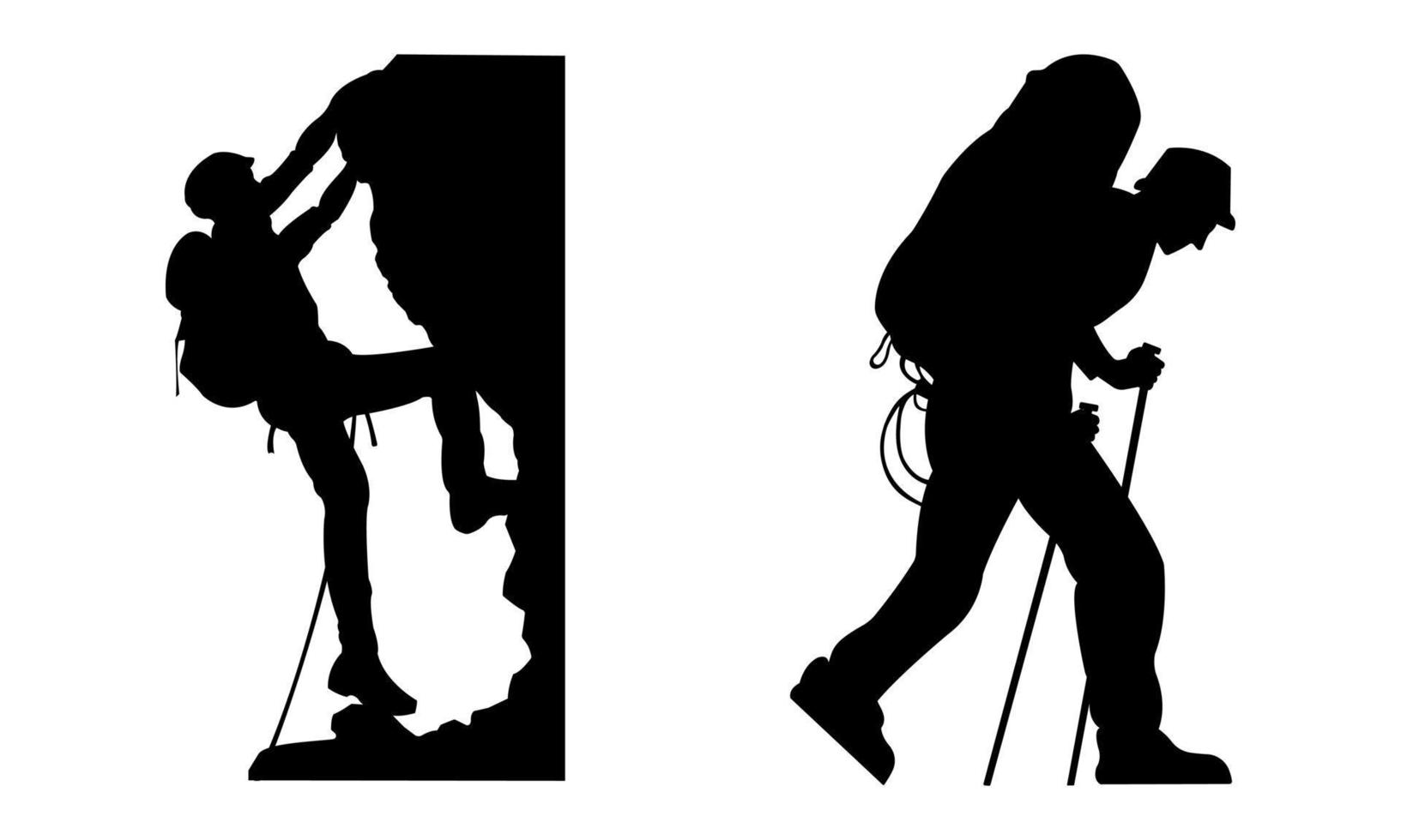 On a white backdrop, vector silhouettes of individuals hiking with backpacks.