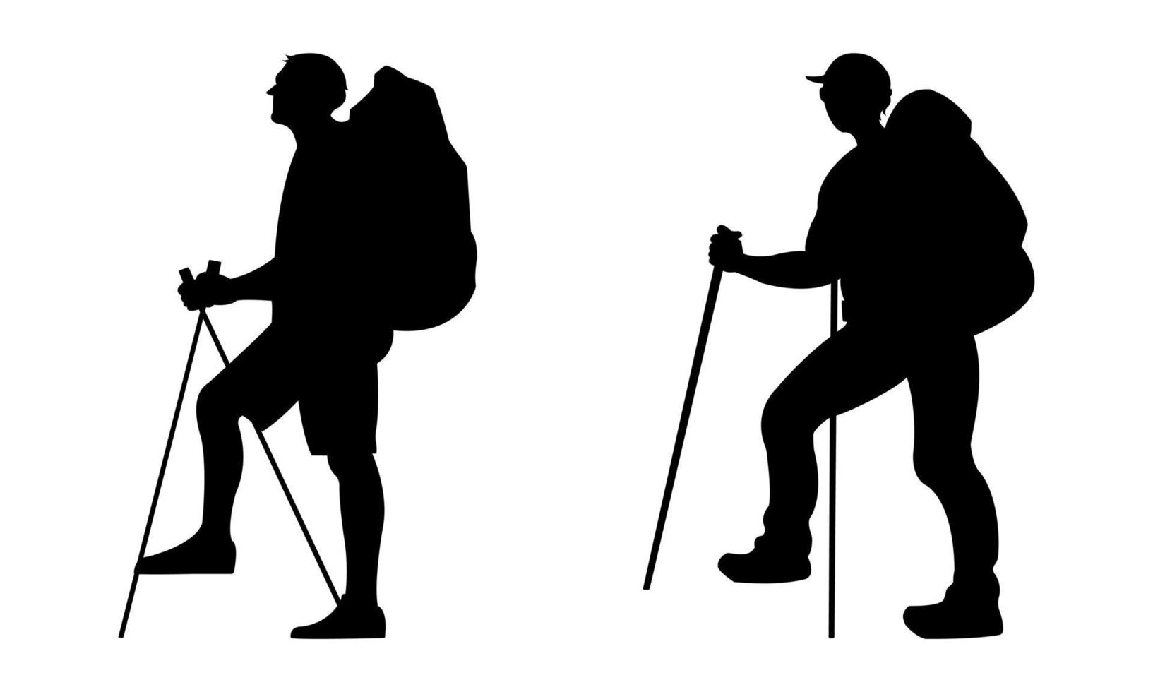 On a white backdrop, vector silhouettes of individuals hiking with backpacks.