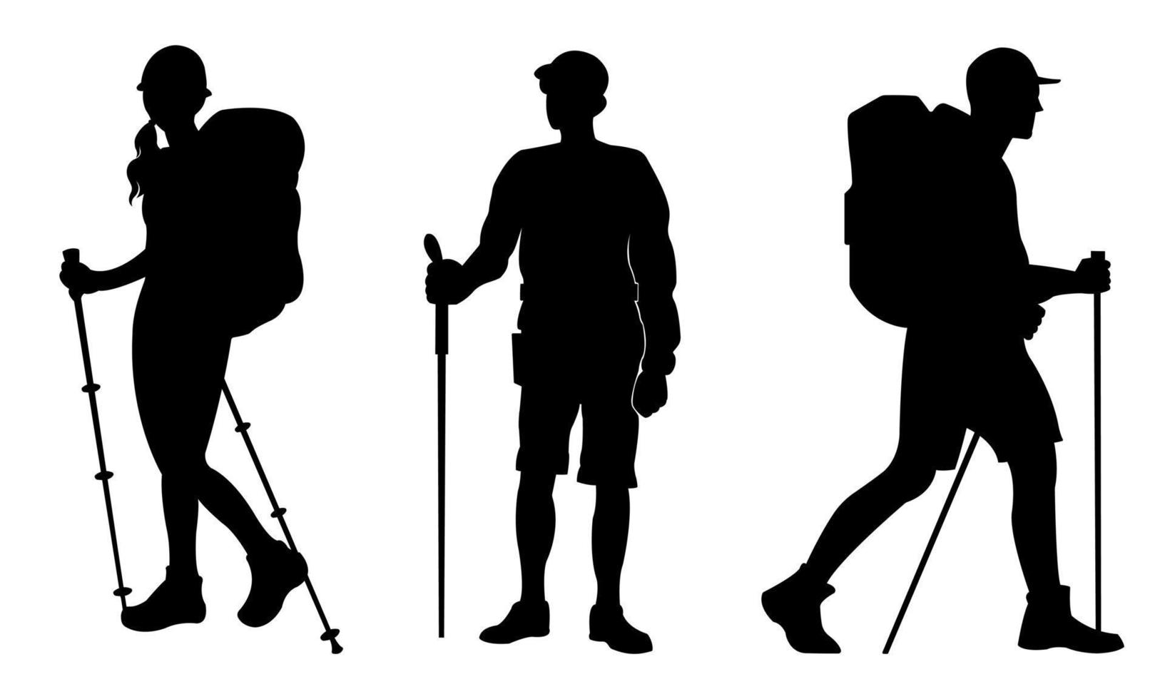 On a white backdrop, vector silhouettes of individuals hiking with backpacks.