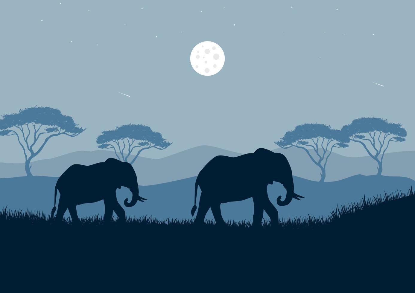 Elephants in the savannah at night. Vector illustration.