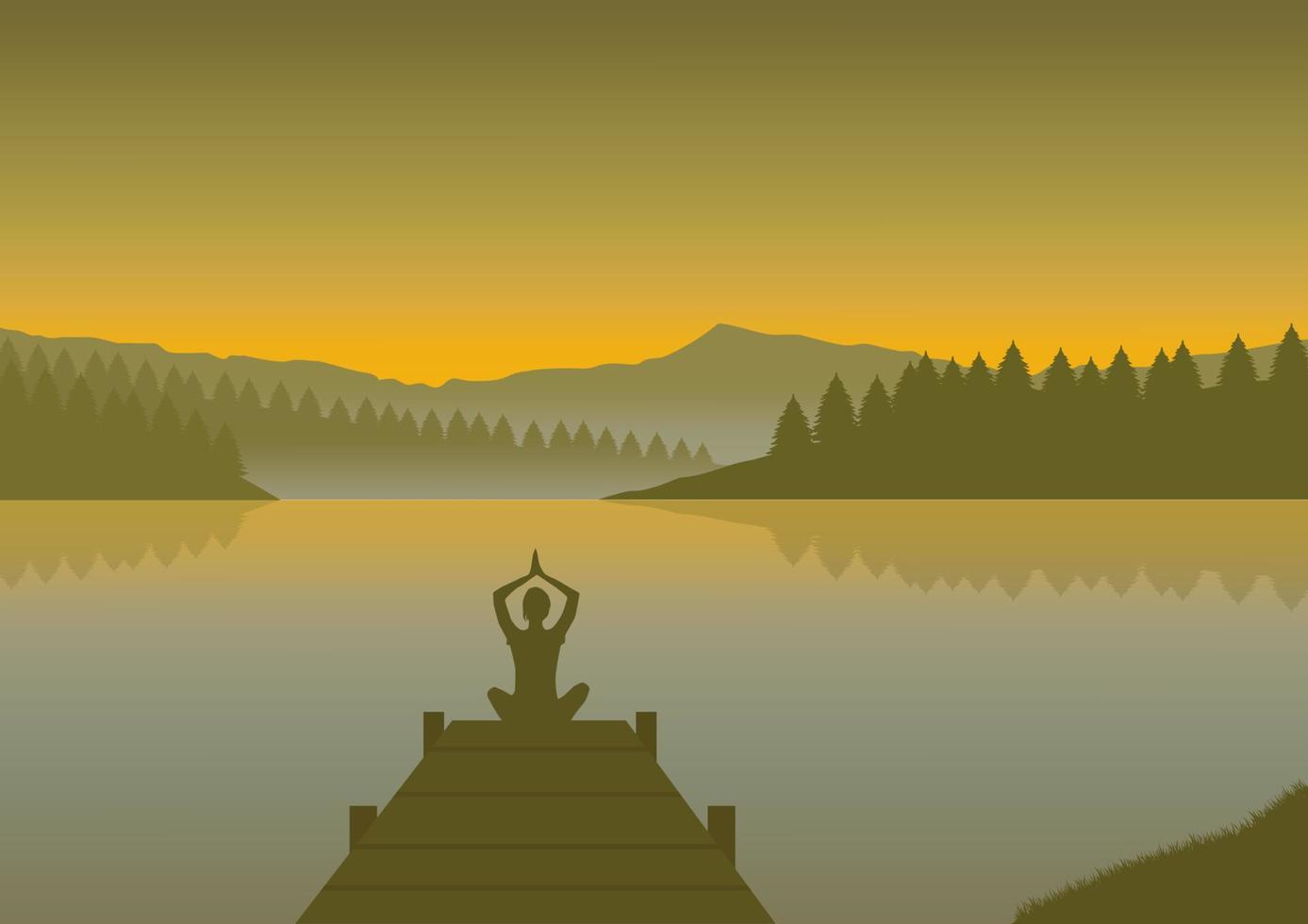 yoga en el lago en el montañas a puesta de sol. vector ilustración