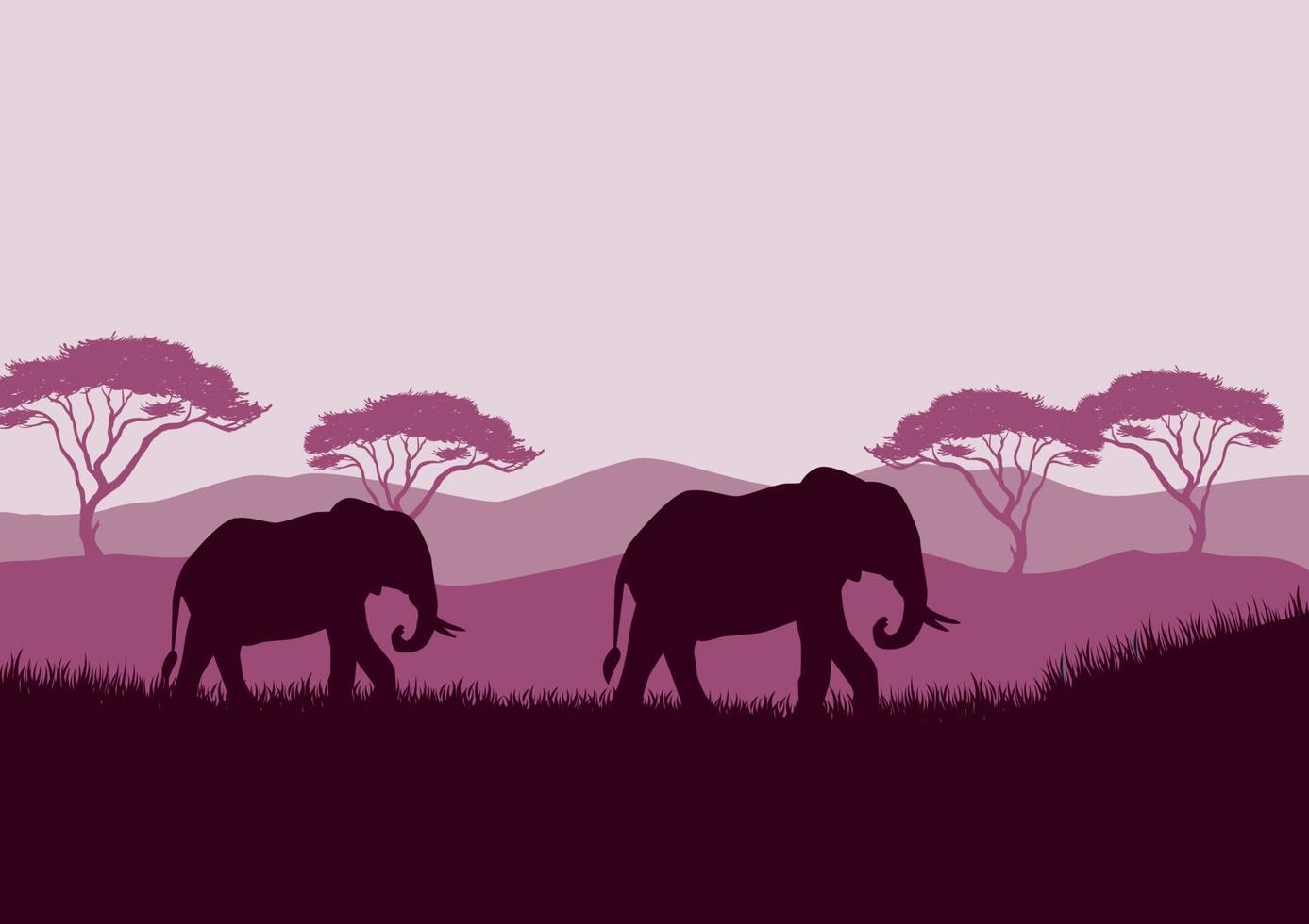 Elephant silhouettes in savanna landscape background illustration vector. vector