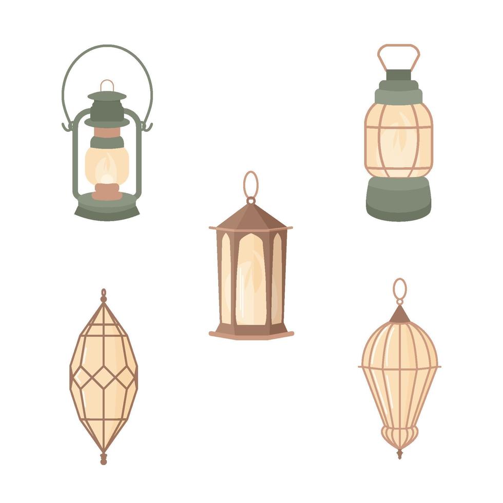 Ramadan kareem lantern set in islamic style. Vector light lamp