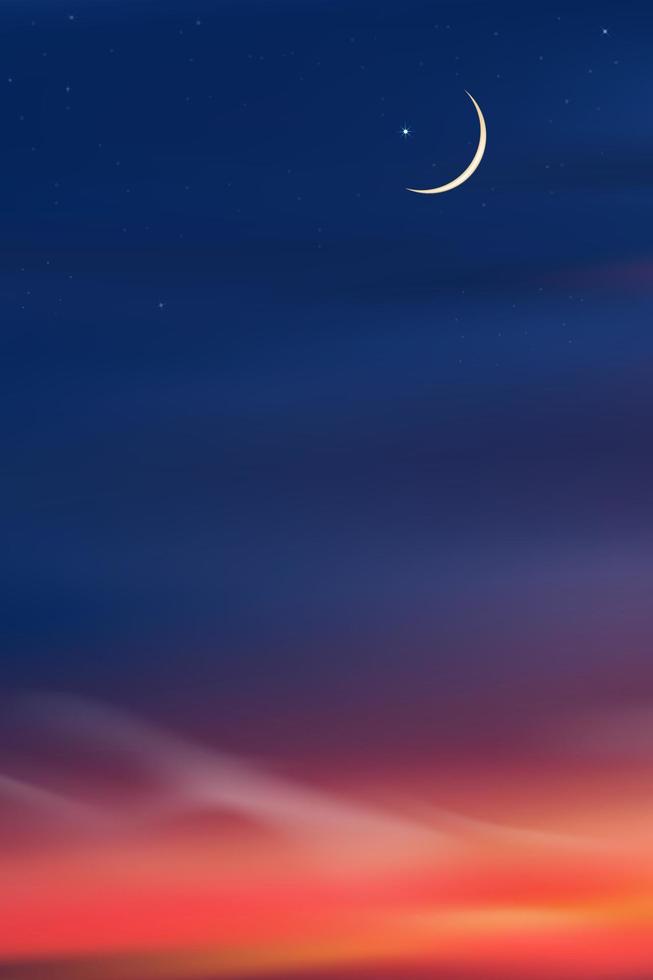 tarjeta islámica con luna creciente en azul, fondo de cielo naranja, pancarta vertical noche de ramadán con suset dramático, cielo crepuscular para religión islámica, eid al-adha, eid mubarak, eid al fitr, ramadan kareem vector