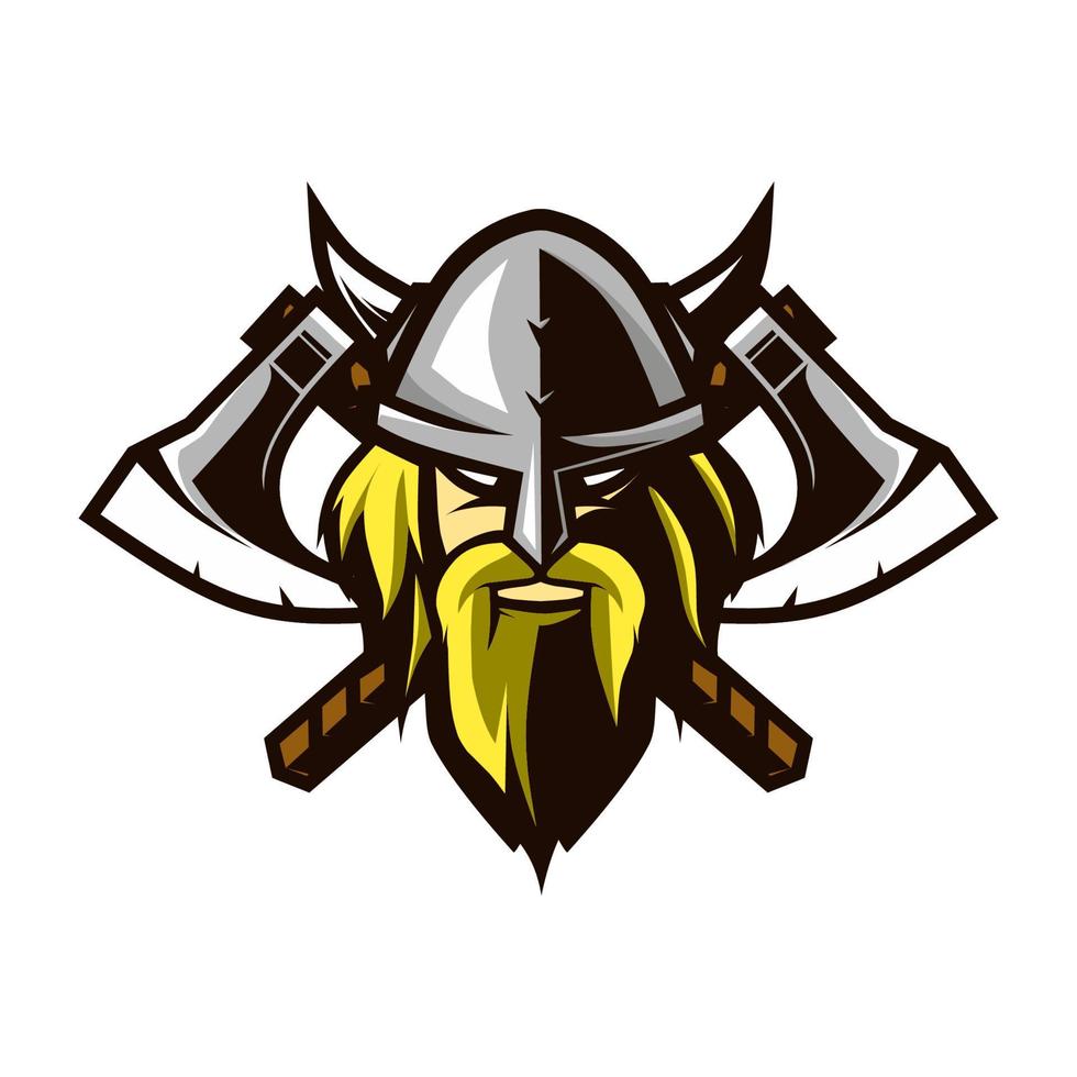 vikingo cabeza logo concepto con cruzar hacha vector