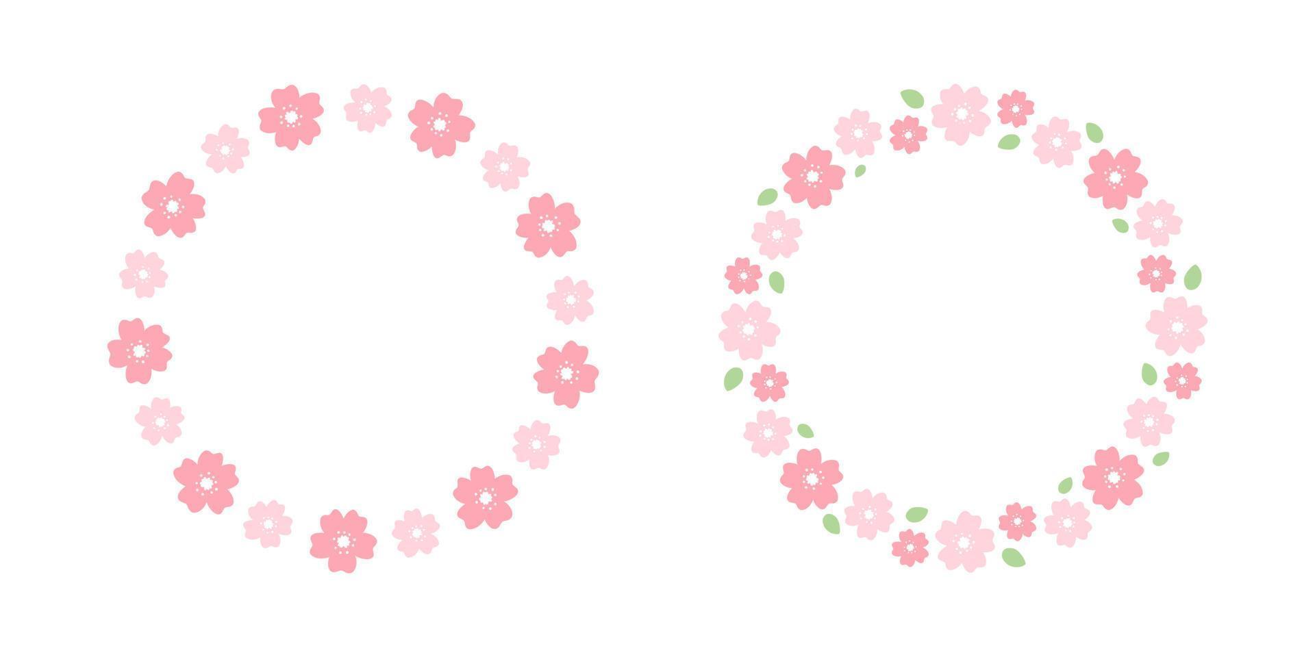 Round Cherry Blossom Frame Set. Cute Floral Wreath Border. vector