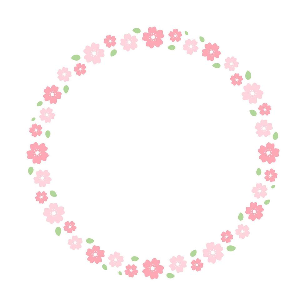 Round Cherry Blossom Frame. Cute Floral Wreath Border. vector