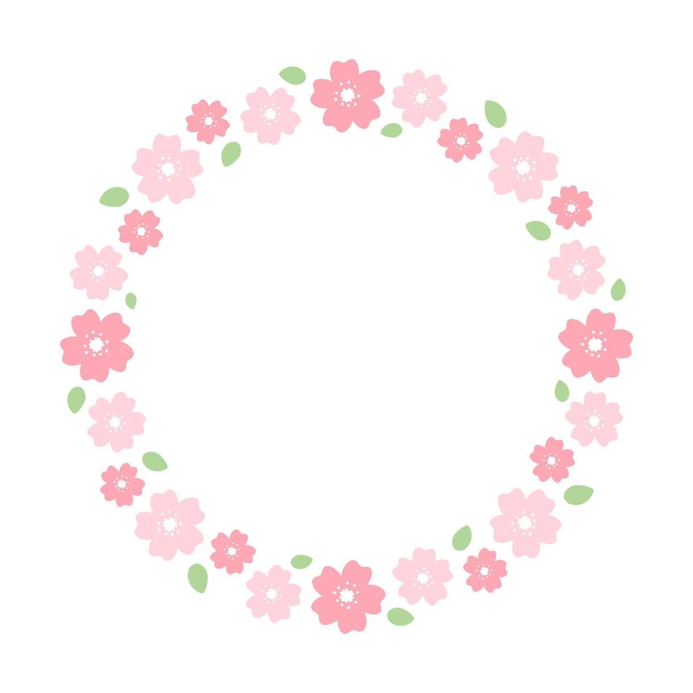 Round Cherry Blossom Frame. Cute Floral Wreath Border. vector