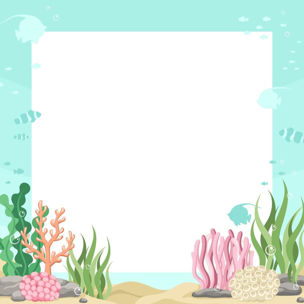 Square coral reefs and fishes underwater scene and nature border. Marine life frame vector design template. Backgrounds with copy space for text for banners, social media stories