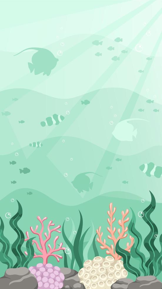 Underwater scene with fishes, coral reef and seaweed. Marine life vector design template. Backgrounds with copy space for text for banners, social media stories