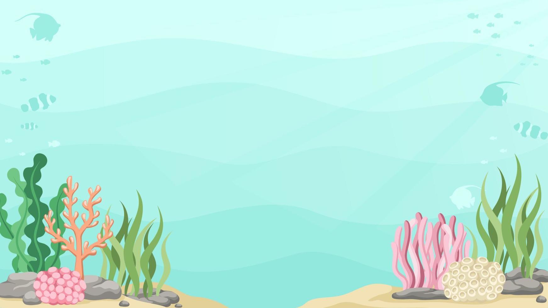 Underwater scene with fishes, coral reef and seaweed banner. Marine life vector design template. Backgrounds with copy space for text for banners, social media stories