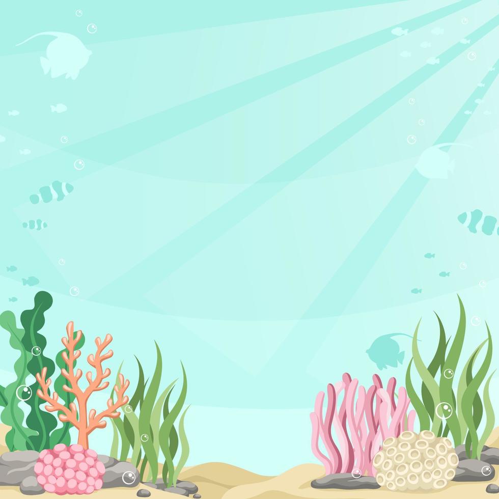 Underwater scene with fishes, coral reef and seaweed backdrop. Marine life vector design template. Backgrounds with copy space for text for banners, social media stories