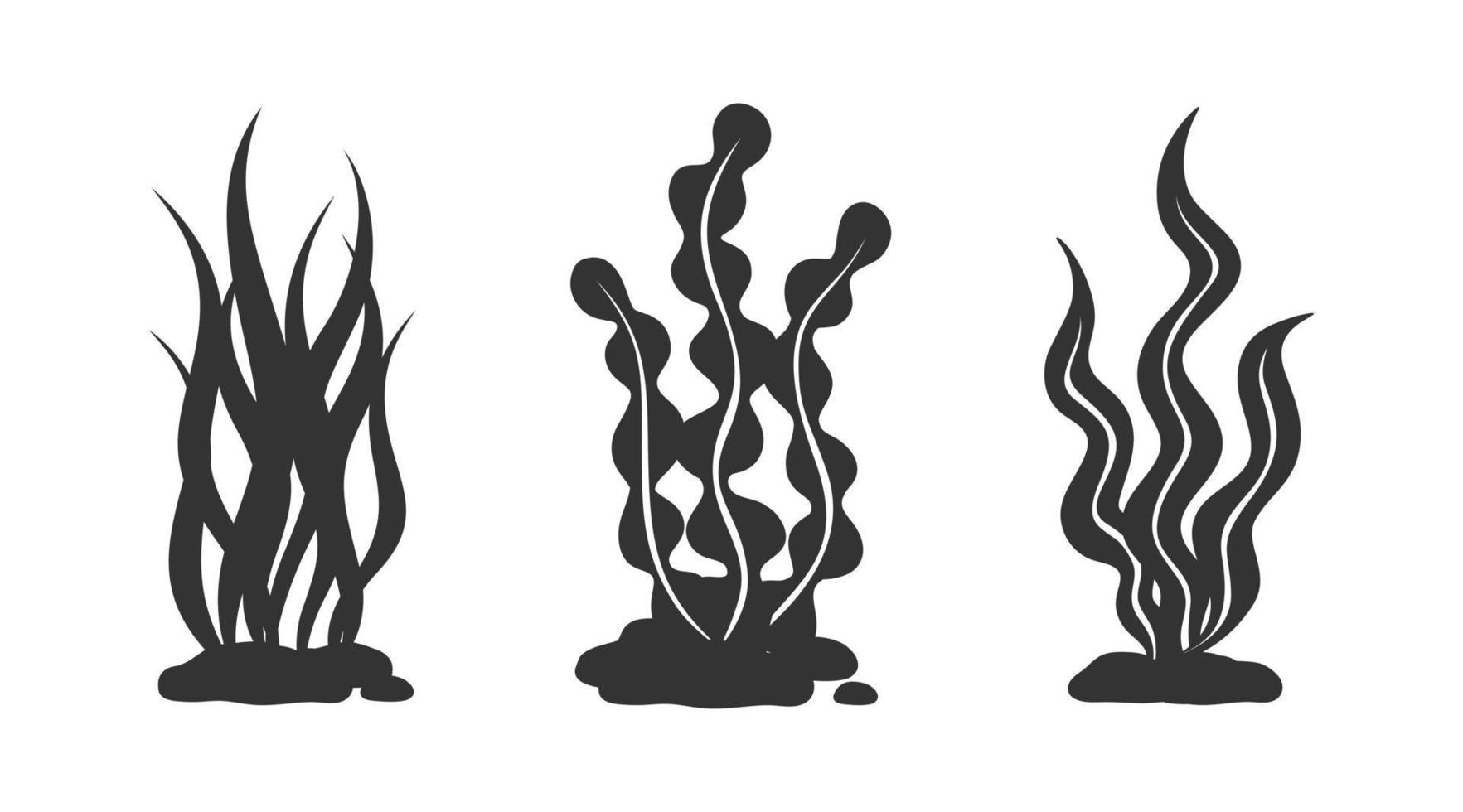 Seaweeds and underwater plants silhouette vector collection. Aquarium, ocean and marine algae water plants. Laminaria kelp and other seafood set