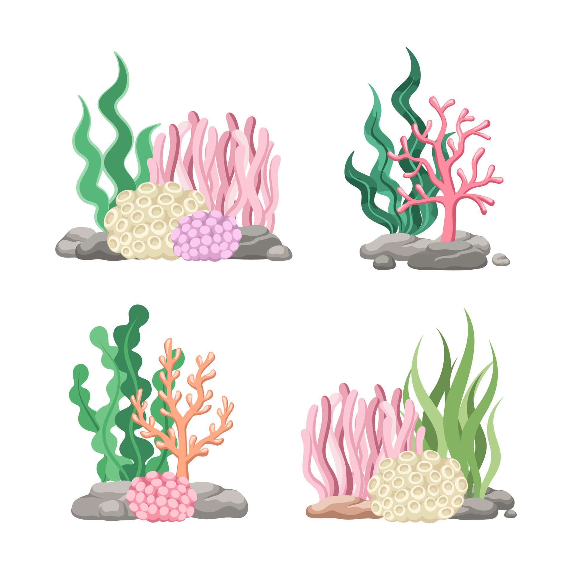Set of coral reefs with algae, seaweed and rocks in various types cartoon  illustration 19816095 Vector Art at Vecteezy