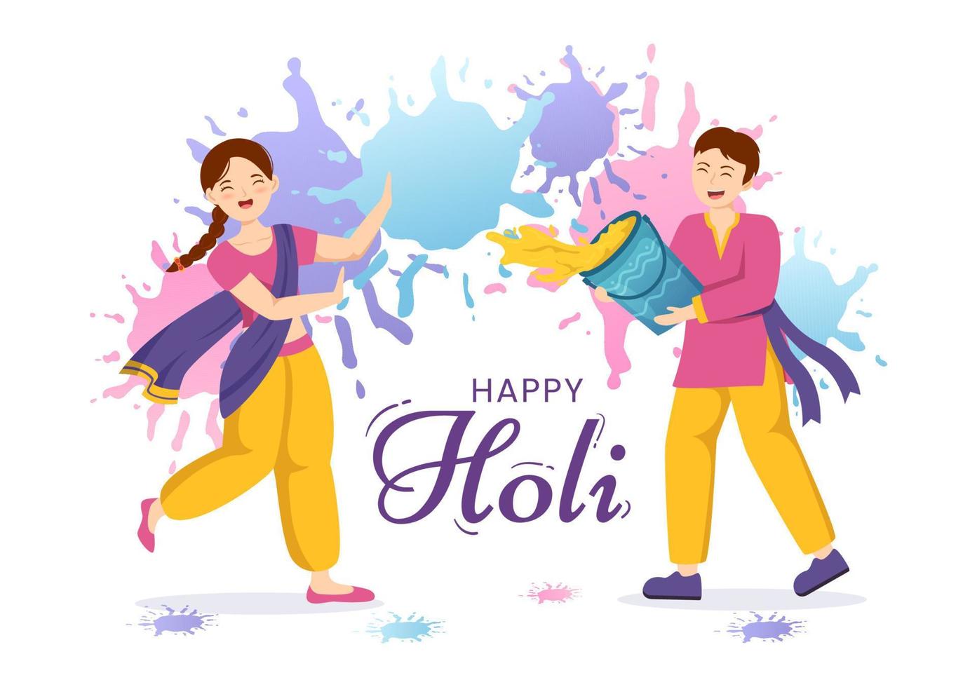 contento holi festival ilustración con vistoso maceta y polvo en hindi para web bandera o aterrizaje página en plano dibujos animados mano dibujado plantillas vector