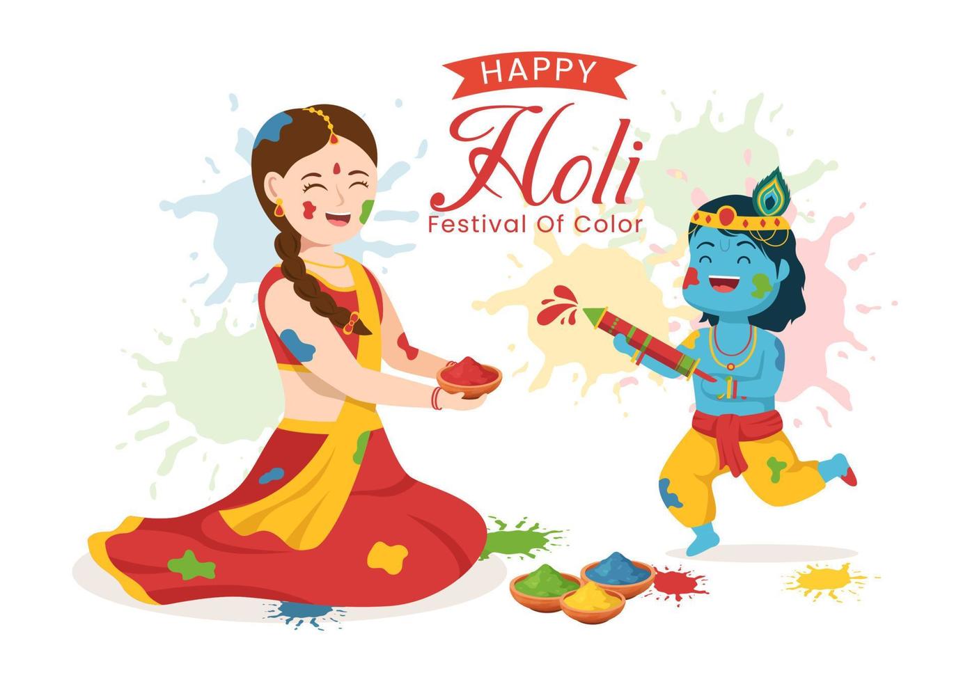 Happy Holi Festival Illustration with Colorful Pot and Powder In Hindi for Web Banner or Landing Page in Flat Cartoon Hand Drawn Templates vector