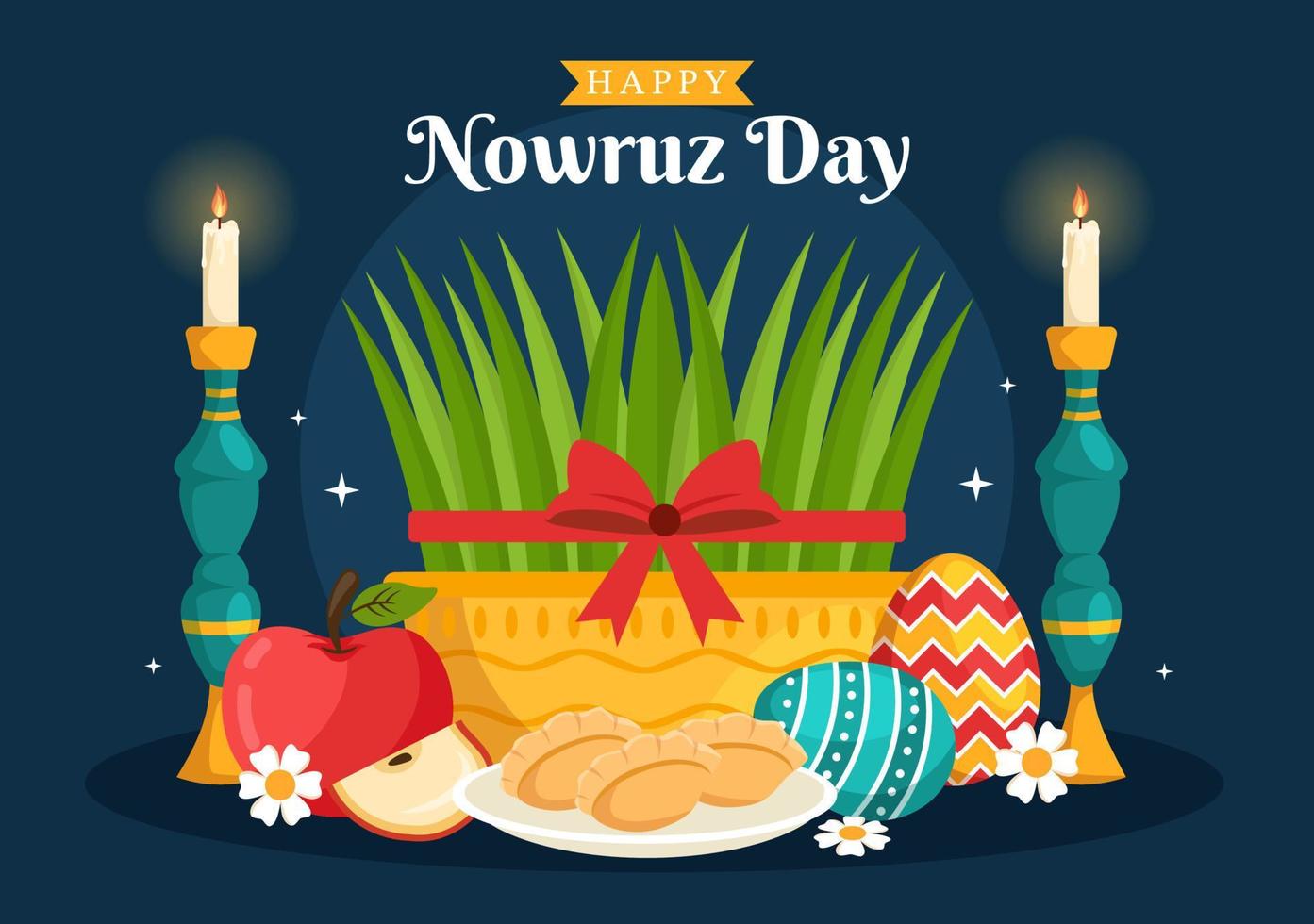 Happy Nowruz Day or Iranian New Year Illustration with Grass Semeni and Fish for Web Banner or Landing Page in Flat Cartoon Hand Drawn Templates vector