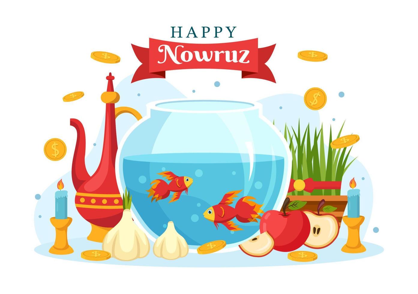 contento nowruz día o iraní nuevo año ilustración con césped semeni y pescado para web bandera o aterrizaje página en plano dibujos animados mano dibujado plantillas vector