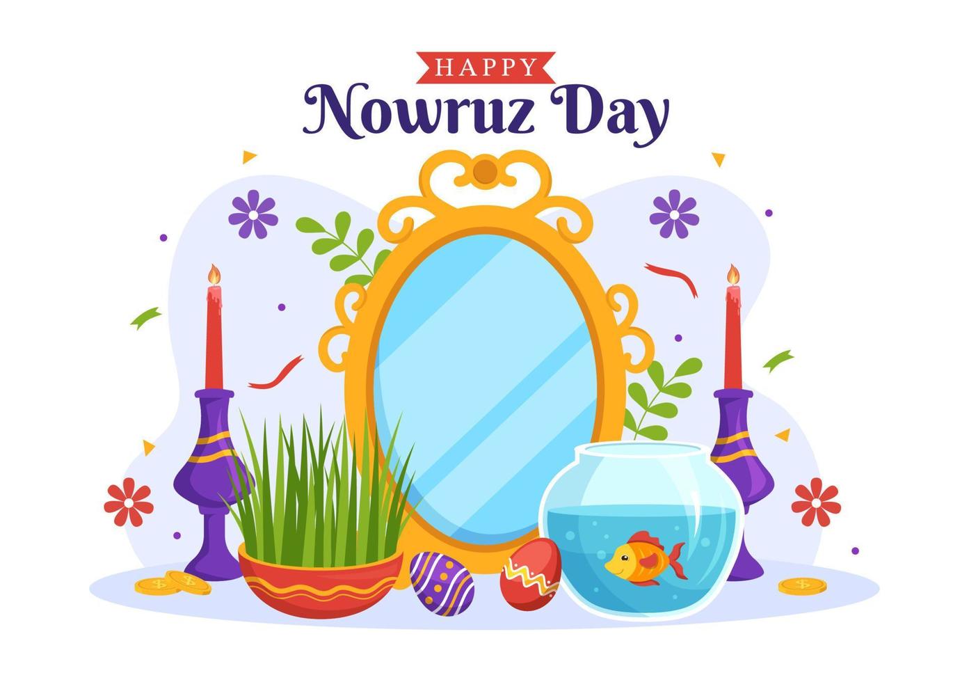 Happy Nowruz Day or Iranian New Year Illustration with Grass Semeni and Fish for Web Banner or Landing Page in Flat Cartoon Hand Drawn Templates vector