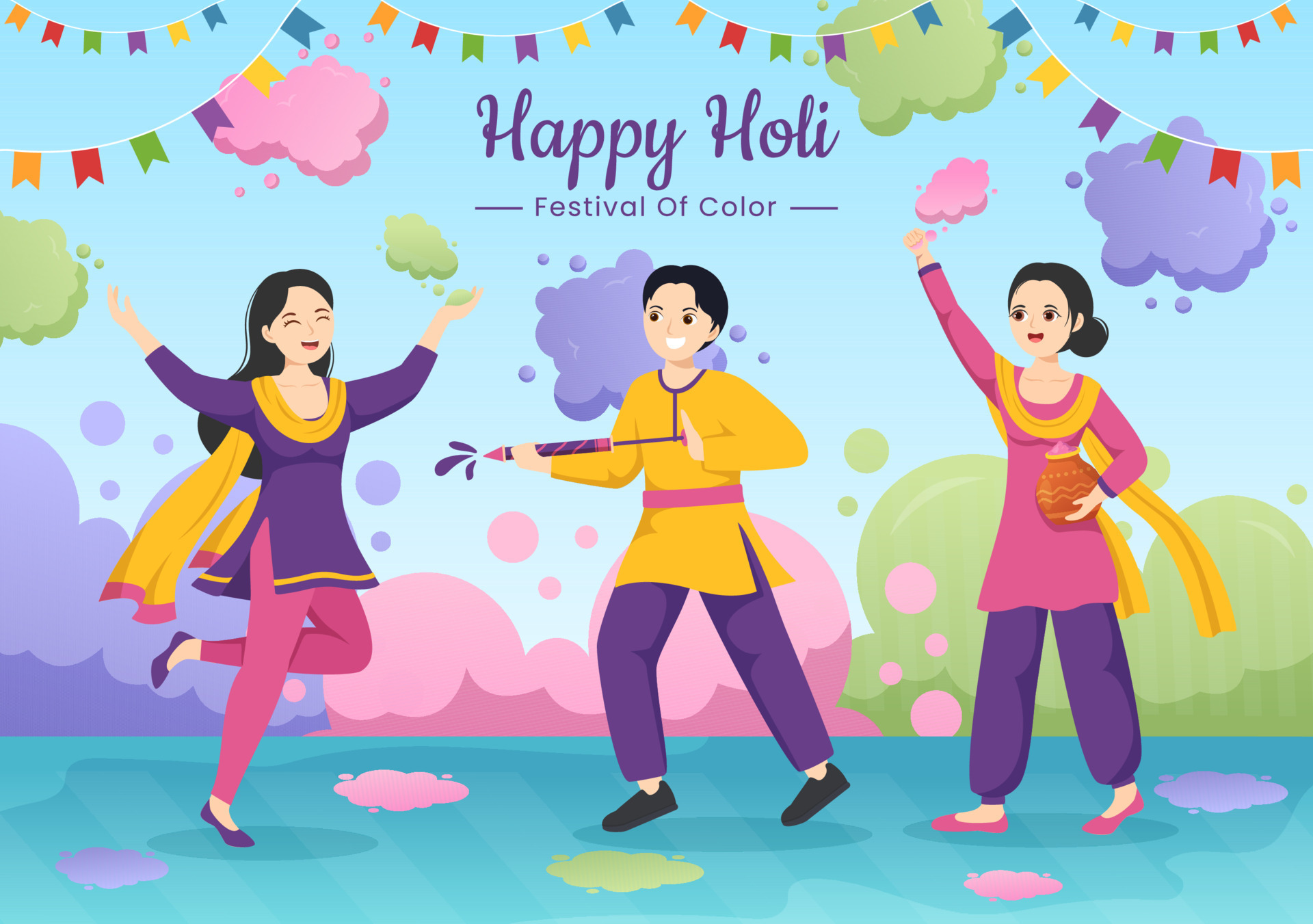 Happy Holi Festival Illustration with Colorful Pot and Powder In Hindi for  Web Banner or Landing Page in Flat Cartoon Hand Drawn Templates 19816150  Vector Art at Vecteezy